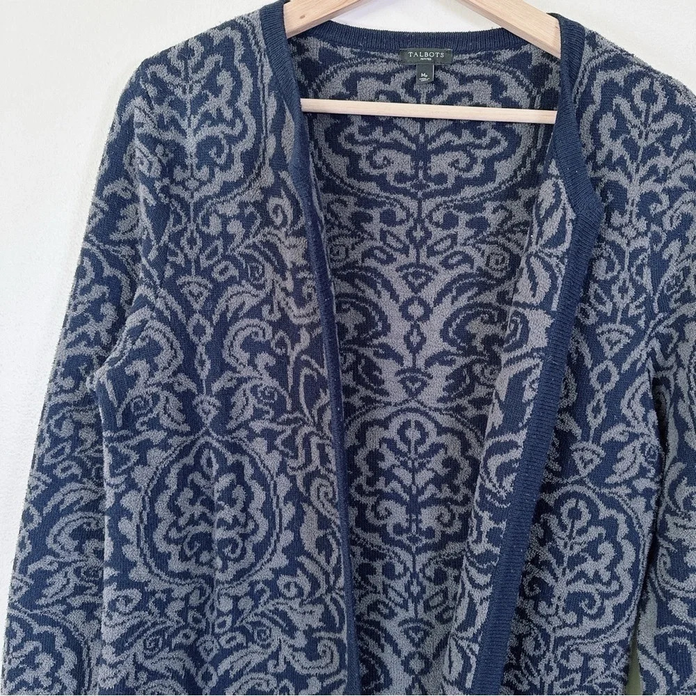 Talbots Open Front Cashmere Blend Navy Jacquard Cardigan - Picture 10 of 16